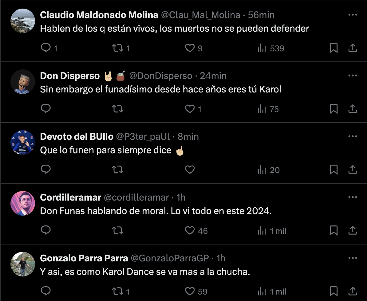 Respuestas de usuarios en X ante los comentarios de Karol Dance 