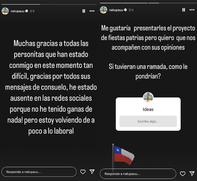 Historia de Natu Paulina anunciando su retorno a las redes sociales tras el fallecimiento de su hermana