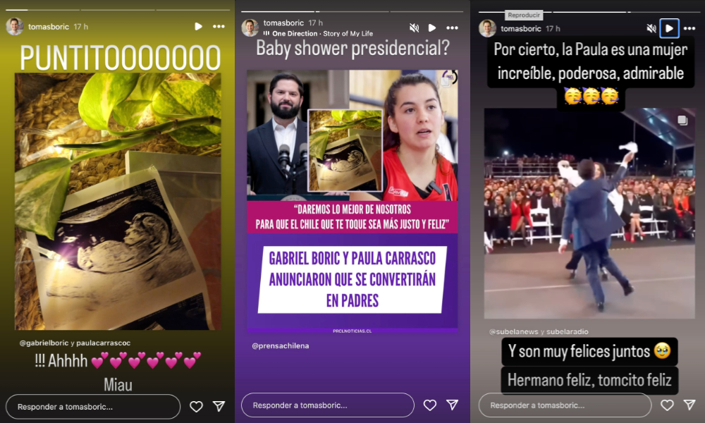 Historias de Tomás Boric felicitando a su hermano y cuñada por el embarazo 