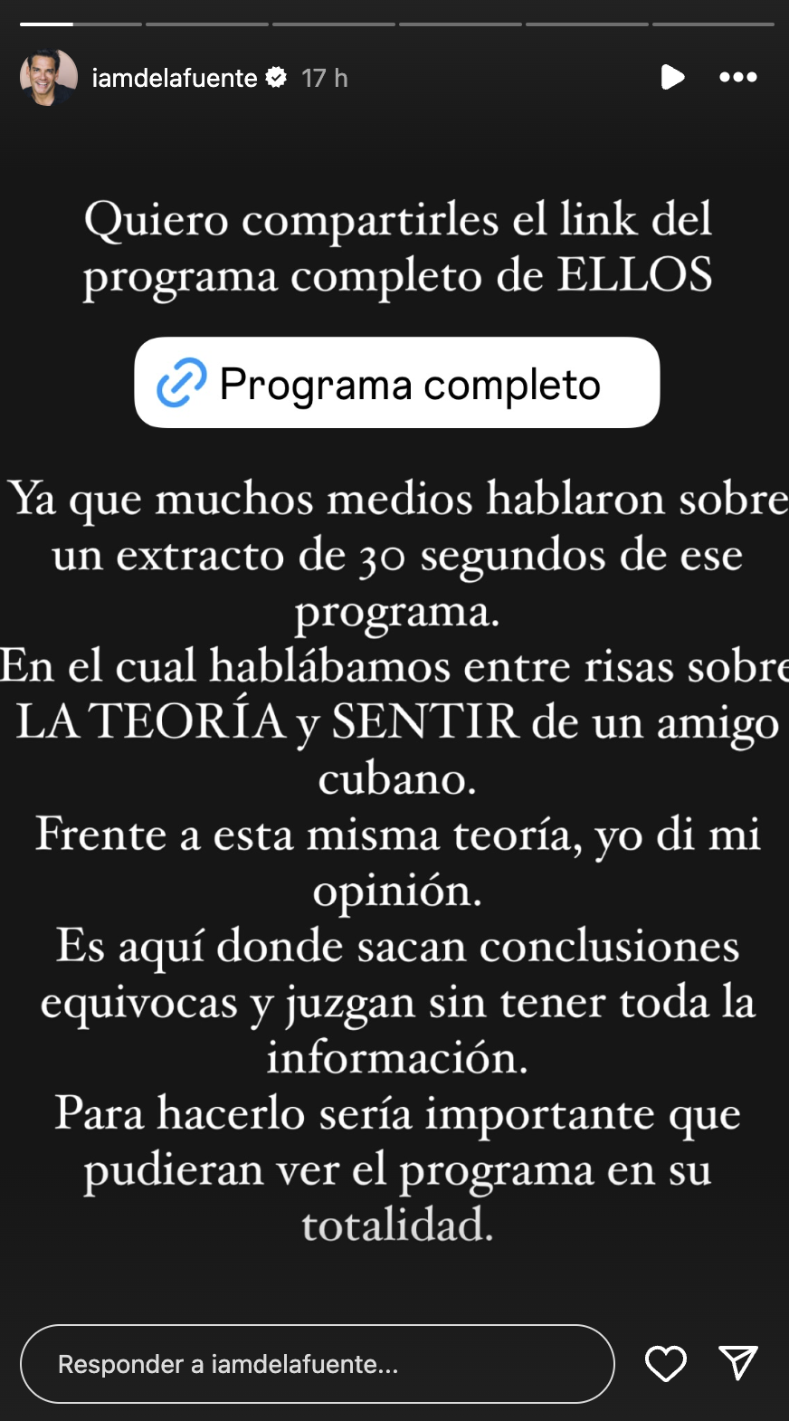 Aclaración de Cristián de la Fuente por comentarios sobre la infidelidad