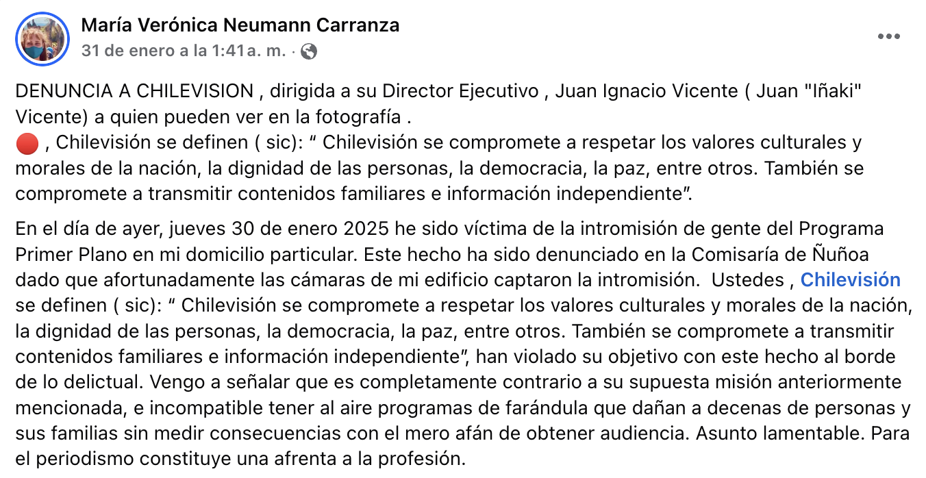 Publicación realizada por Verónica Neumann en Facebook